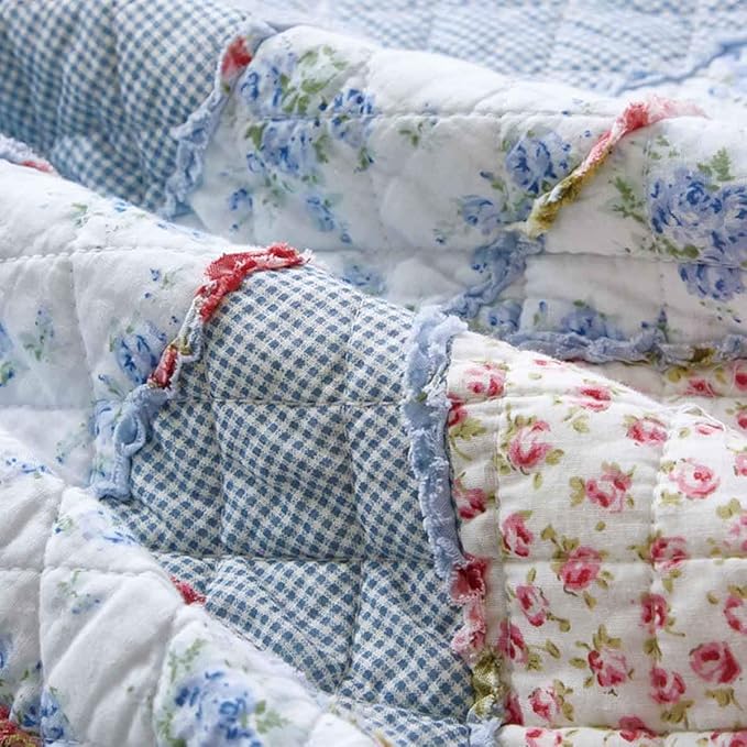 Cozyholy Original 100% Cotton Patchwork Quilt Full Queen Size Blue Floral Bedspread Coverlet Reversible Vintage Shabby Chic Quilted Throw Blanket Bed Quilt Cover for Couch Sofa