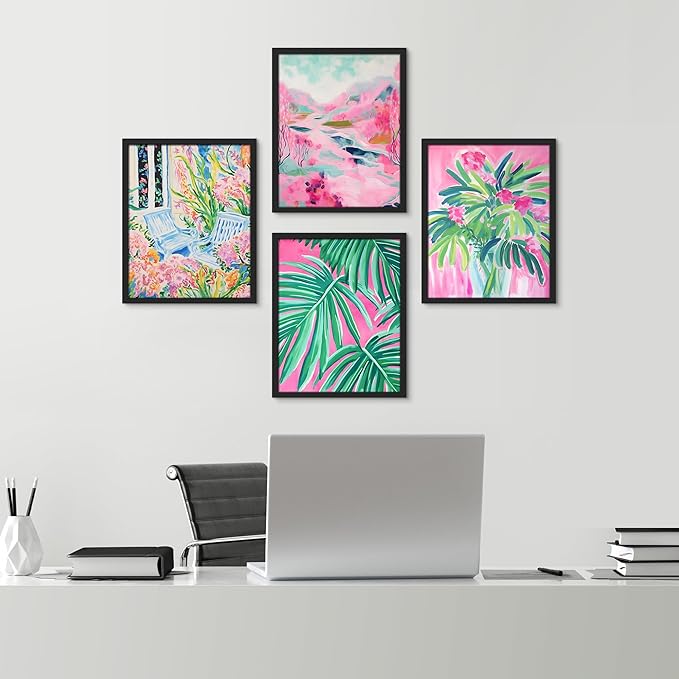 SIGNWIN Framed Tropical and Floral Bright Botanical Preppy Room Decor Pink Decor Digital Art Modern Art Decorative Multicolor Scenic for Bedroom - 12"x16"x4 Black
