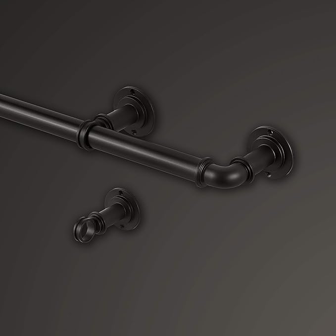 MODE Industrial Room Darkening Collection 1 1/8" Diameter Industrial Curtain Rod Set with Steel Wall Mounted Adjustable Curtain Rod, Blocks Light, Fits 36” to 72” Windows, Dark Brown