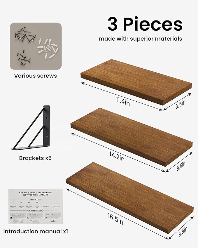 BAYKA Floating Shelves for Wall, Book Shelf for Bedroom, Wall Decor Shelves for Living Room Kitchen, Wood Floating Shelf for Home Decor, Corner Shelf for Bathroom, Office(Walnut-Toned,Set of 3)