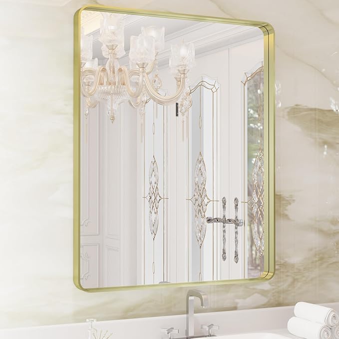 WEER Gold Bathroom Mirror, 28X36 Inch Brushed Gold Metal Frame Mirror, Rounded Rectangle Gold Bathroom Vanity Mirror for Wall, Tempered Glass, Anti-Rust, Hangs Horizontally or Vertically