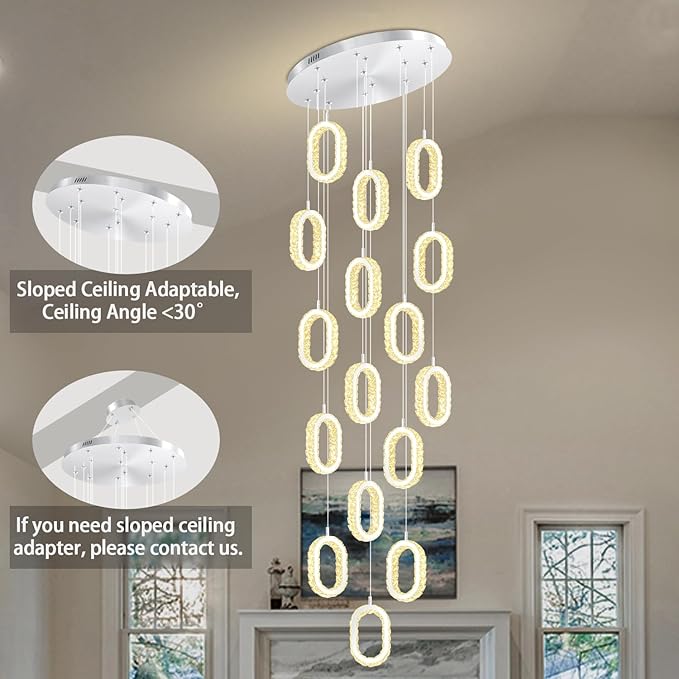 Large Crystal Chandeliers for Stairs Long Spiral Chandeliers for High Ceilings LED Crystal Ring Chandelier Dimmable 2700K-6000K 16-Light Silver