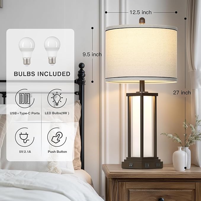 27in Tall Farmhouse Table Lamp Set of 2 with USB C+A & Outlet,Brown Industrial End Table Lamp for Living Room,Vintage Rustic Bedside Lamps with Night Light for Bedroom Nightstand,Brown
