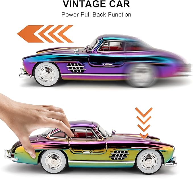 1/24 300SL Diecast Car Model Toy, Collectible 300SL Vintage Car with Sound and Light, Zinc Alloy Pull Back Toy Vehicle for Adult Boys Girls (Purple)