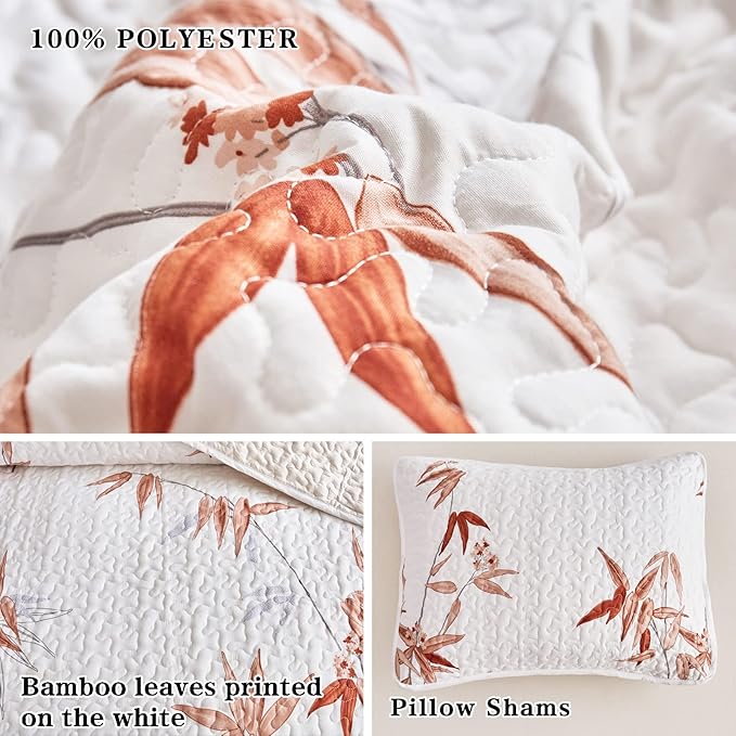 Botanical Quilt Set 2 Pieces Twin Size, Burnt Orange Leaves Printed on White Reversible Bedspread Coverlet Set, Soft Microfiber Lightweight Bed Cover for Kids (68" x 86", 1 Quilt+ 1 Pillow Sham)