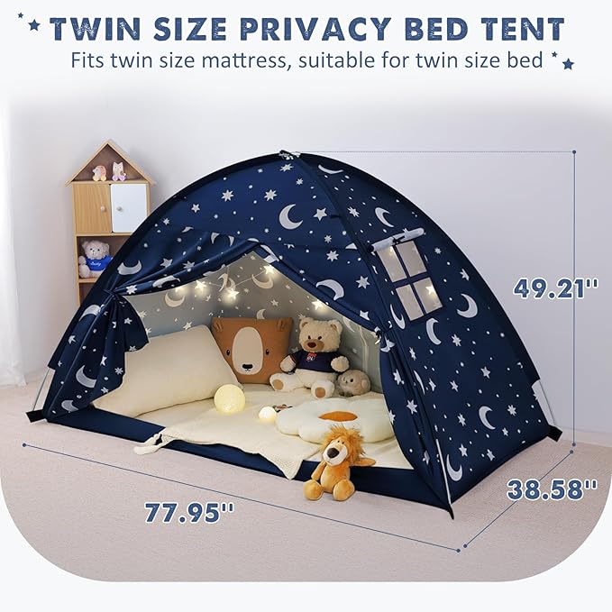 Twin Bed Tent for Kids, Twin Size Bed Canopy with Star Lights, Privacy Space Blackout Sleeping Tents, Indoor Breathable Portable Floor Bed Tent for Boys and Girls, Dark Moon & Stars