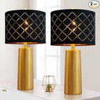 RORIANO Set of 2 Modern Table Lamps for Living Room Bedroom, Gold Nightstand Resin Lamps with Black Grid Shade, Contemporary Desk Lamps for Bedside End Tables, 2 Bulbs Included (Gold)