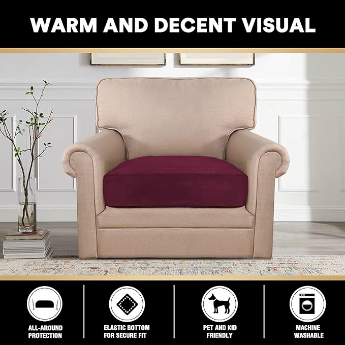 PrinceDeco Stretch Velvet Couch Cushion Cover,Soft Cushion Slipcover for Chair Cushion Furniture Protector Seat Cushion Sofa Cover Width Up to 29.5", Burgundy