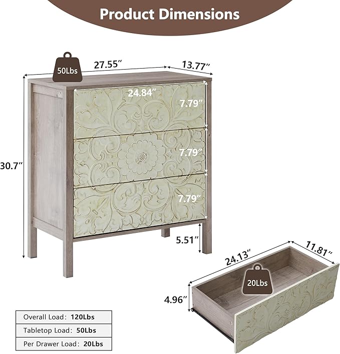 Farmhouse 3 Drawer Dressers for Bedroom, Wide Chest of Drawers with Storage, Vintage French Nightstand Distressed Boho Small Dresser for Hallway Living Room Entryway Office (1, Rustic Brown Gray)