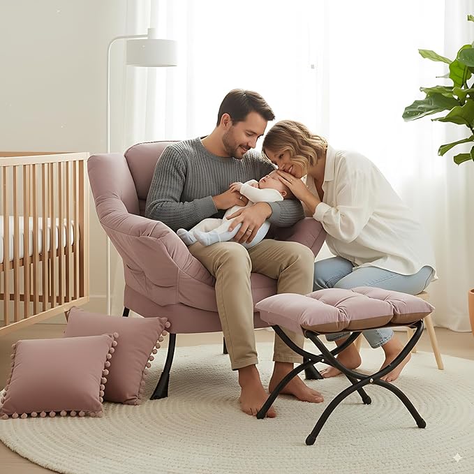 Lazy Chair and Ottoman, Large Accent Lounge Chair with Armrests and a Side Pocket, Modern Leisure Upholstered Sofa Reading Armchair with Footrest for Bedroom, Living Room, Dorm Rooms, Office