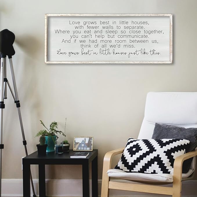 ZZJJHYWGQ Love Grows Best In Houses Just Like This Quote Sign 32"×12" Rustic Love Theme Quotes Couples Wall Decor Family for Above Bed Master Bedroom large Romantic Wall Art Hanging (White)