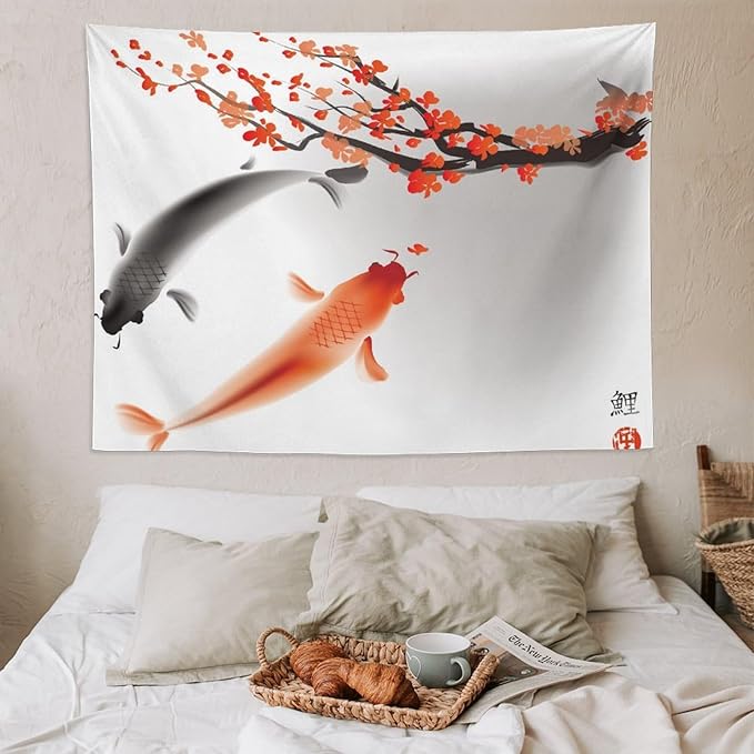 Houselerax Japanese Koi Fish Tapestry, Cherry Blossoms Asian Oriental Flower Branch Koi Fish Carp Tapestries Wall Hanging for Bedroom Living Room Office Decor 80"x60"