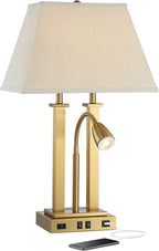 Possini Euro Design Deacon Modern Desk Table Lamp with USB and AC Power Outlet in Base LED Gooseneck 26" High Antique Brass Oatmeal Linen Drum Shade for Living Room Bedroom Bedside Nightstand