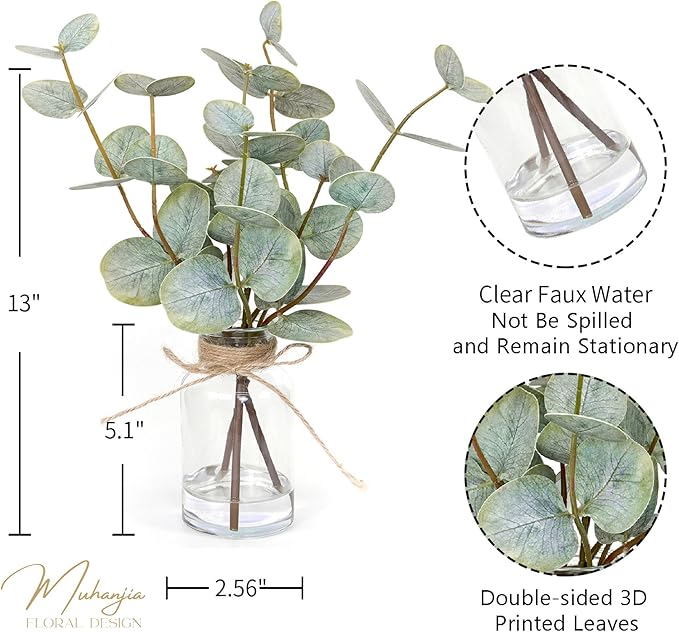 Artificial Eucalyptus Stems in Glass Vase with Faux Water,3Pcs Fake Plant with Double-Sided Green Leaves for Centerpiece(Double-Sided Green Eucalyptus)