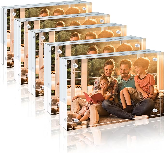Egofine 3.5x5 Acrylic Frames 5 Pack, 20mm Thicker Frameless Clear Picture Frames, Double Sided Magnetic Picture Frames, Free Standing Desktop Display