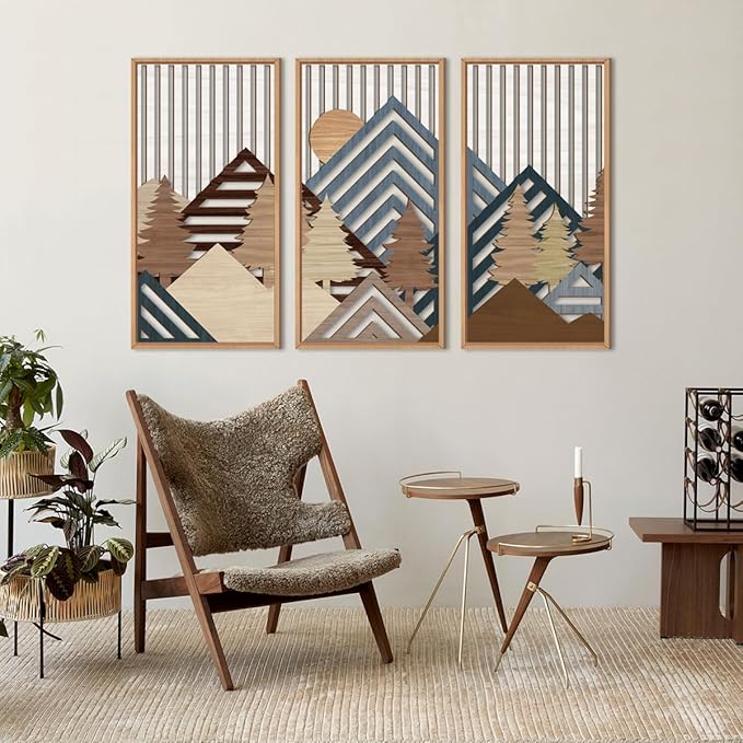 IARTTOP Large Mountain Wood Wall Art 16"x32"x3 Abstract Forest Wall Sculpture Geometric Boho Sunset Wilderness Artwork for Bedroom Living Room Office