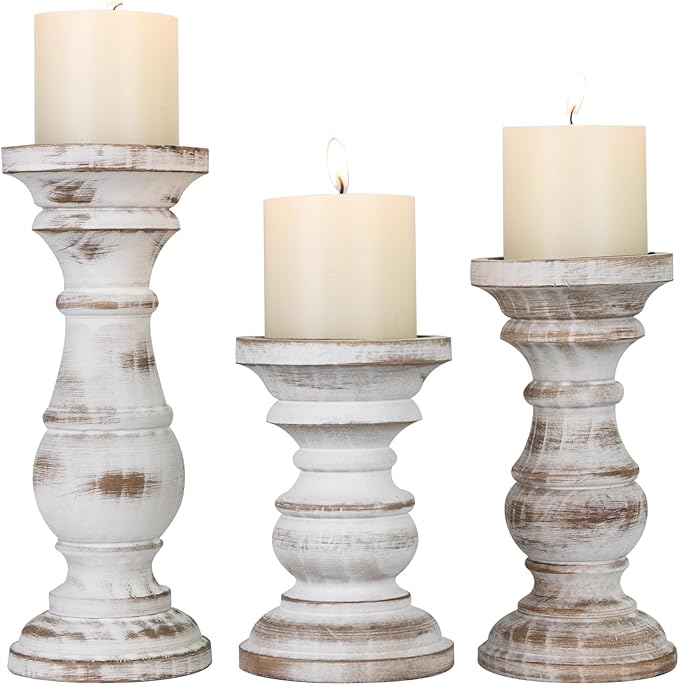 Candle Holder for Pillar Candle Set of 3, Farmhouse Wood Candle Holder, Rustic Wooden Candle Stand, Decorative Wood Candlestick Holders for Living Room, Table Centerpiece (Antique White)