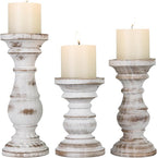 Candle Holder for Pillar Candle Set of 3, Farmhouse Wood Candle Holder, Rustic Wooden Candle Stand, Decorative Wood Candlestick Holders for Living Room, Table Centerpiece (Antique White)