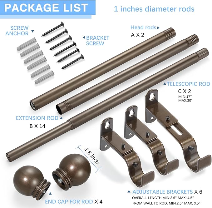 Curtain Rods for Windows 16 to 136 Inches, Curtain Rod Max Adjustable Length of 144 IN, 1" Diameter Drapery Rods Round Finials, Brown, Pack of 2