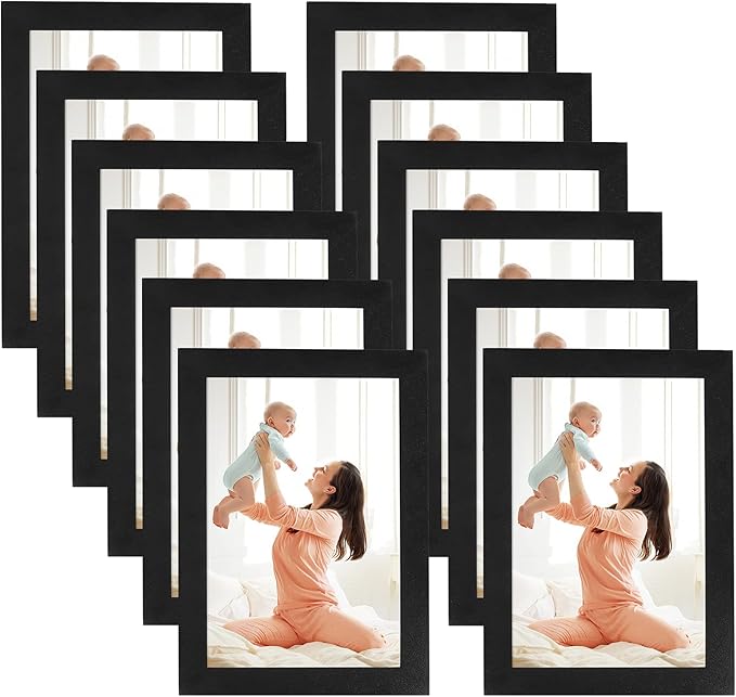 CRUGLA 4x6 Magnetic Picture Frames for Refrigerator 12 Packs, Modified Magnetic Sheet with Self Adhesive Backing, Black 4 by 6 Photo Frame Set for Locker Glass Window Door Cubicle