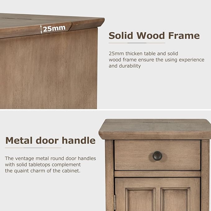 Traditional Wood Narrow End Table with Charging Station, Modern Vintage Sofa Side Table Storage & Multifunctional Drawer, Antique Brown Set of 2 for Living Room, Bedroom, Office, No Assembly