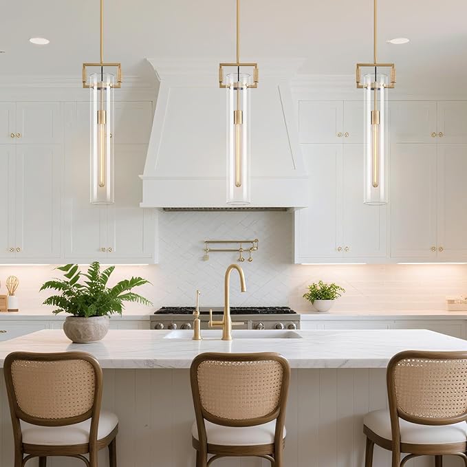 Modern Knurled Brass Kitchen Island Pendant Light,Gold 21.6'' 1-Light Long Glass Island Pendant Lights,Lrage Farmhouses Pendant Light, for Kitchen,Dining Room,Bathroom,Bulb Included