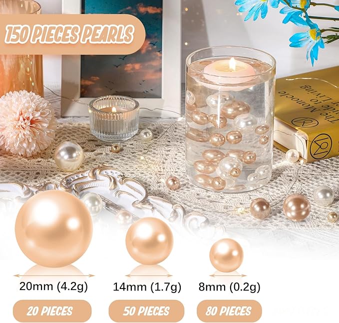 Champagne Vase Filler | 150PCS Pearls Bead for Centerpieces Vases | 8/14/20 mm No Hole Beads, Fake Pearls for Wedding Birthday Theme Party Table Centerpieces Decor