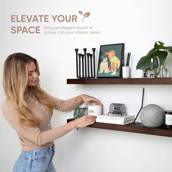 Homeforia Walnut 60 inch Floating Shelf, High End Solid Real Wood 60inch Long Floating Shelf for Wall, Dark Brown Wooden 60in Large Floating Shelves, Heavy Duty Bracket, 60 X 6.5 X 1.75 inch, Set of 3