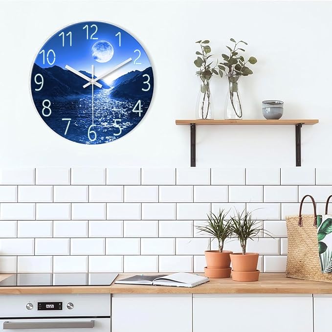 XFM Blue Moon Wall Clock Battery Operated 24 Inch Modern Silent Non Ticking Large Decorative Wall Clocks for Kitchen Living Room Bedroom