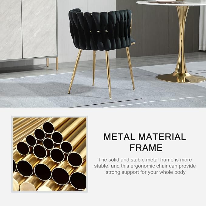 Nrizc Woven Dining Chairs Set of 2, Velvet Upholstered Dining Chairs with Gold Metal Legs, Modern Accent Chairs for Living Room, Dining Room, Kitchen (Black)