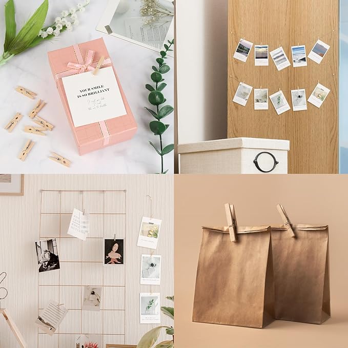 100 Pcs Wooden Clothespins for Photo Hanging Display, Mini Clothes Pins with String, Photo Display Hanging Clips for Crafts Pictures Photos Home Birthday Wedding Party Decoration