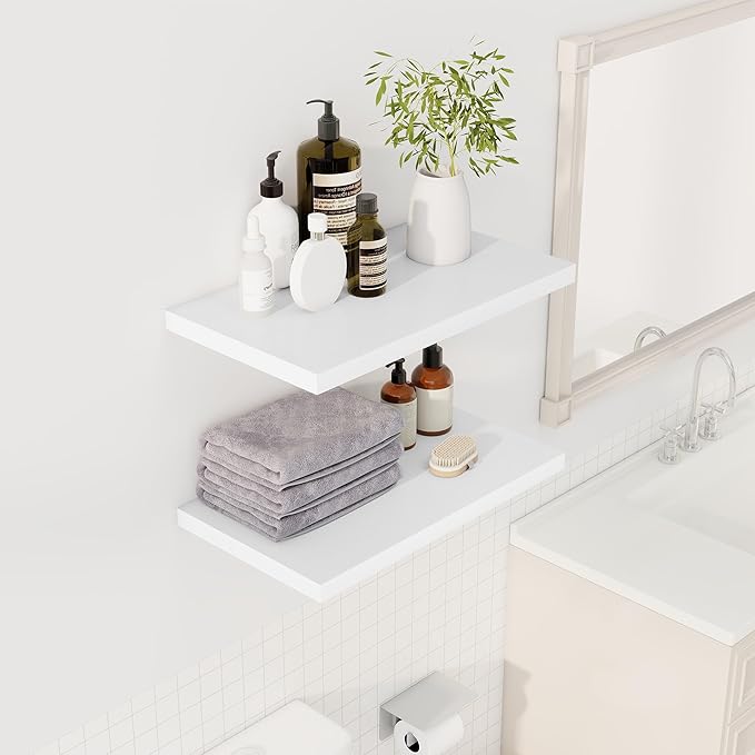 24" Floating Shelves for Wall, 12" Deep Slim White Floating Shelves, Wall-Mounted Shelves for Bedroom, Living Room, Kitchen, Bathroom - Set of 2