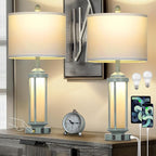 Farmhouse Table Lamps for Living Room, 27" Vintage Rustic Beside Lamp Set of 2 with USB A+C Charging Ports & AC Outlet, Retro Nightstand Lamp with Fabric Shade for Bedroom Entryway(4 Bulbs Included)
