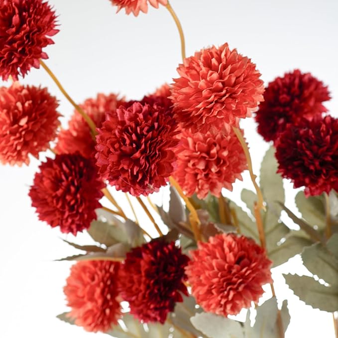6 Artificial Silk Flowers + 3 Eucalyptus, Artificial Chrysanthemums with Stems for Home Decor, Burnt Orange and Red Mix