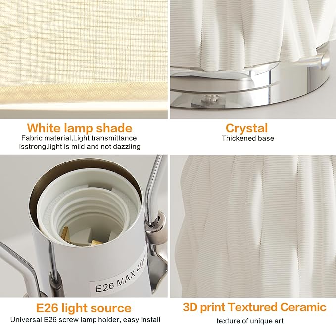 Modern White Textured Ceramic Table Lamps 22.5In, Plug in Table Lamp Decor for Office Living Room Bedroom Bedside Nightstand