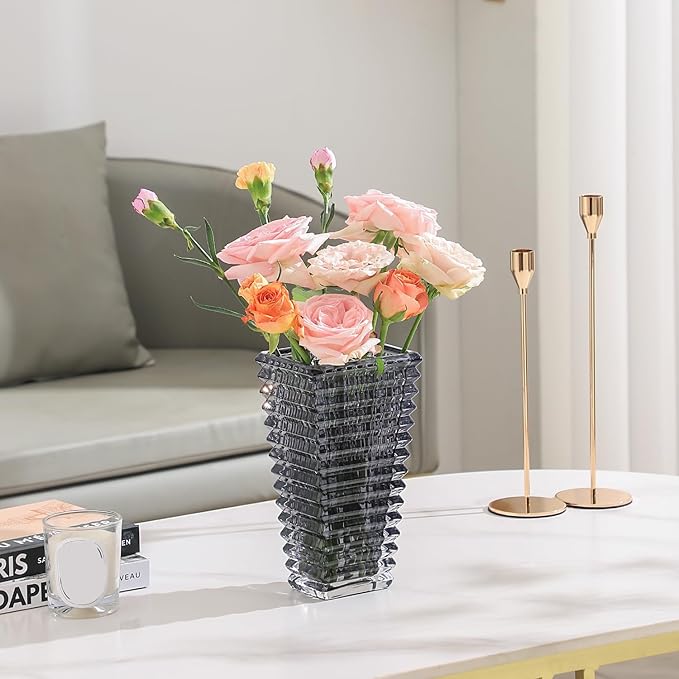 MCMCNCUIU Crystal Vase, Large Crystal Vases for Flowers, Black Large Flower Vase, Modern Glass Vases for Living Room, Bedroom, Kitchen, Dining Table, Mantle, Wedding, 9 Inches