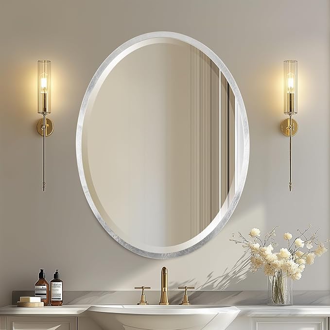 OVALCREST - Oval Wooden Beveled Wall Mirror for Home Decor, Bathroom, Vanity, Bedroom, Living Room, Hallway - London Style (Silver Leaf with Brown Antique) 17.1 x 21.1