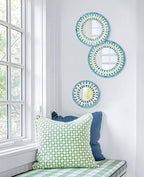 TEIPAI Handmade Mother of Pearl Mirror for Wall Decor, 3PCS Round Decorative Mirrors for Beach Nautical Home Hotel Coffee Shop, Natural Plate Art Hanging Sculpture for Dorm Apartment Entryway (Blue)