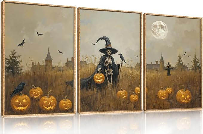 Celestdeco Halloween Ghost Reaper Framed Wall Art Set, Scary Witchy and Pumpkin Wall Decor, Horror Night Wall Painting, Full Moon Bats Art Prints for Living Room,Bedroom,Halloween Themed Party Decoration-24"×36"×3