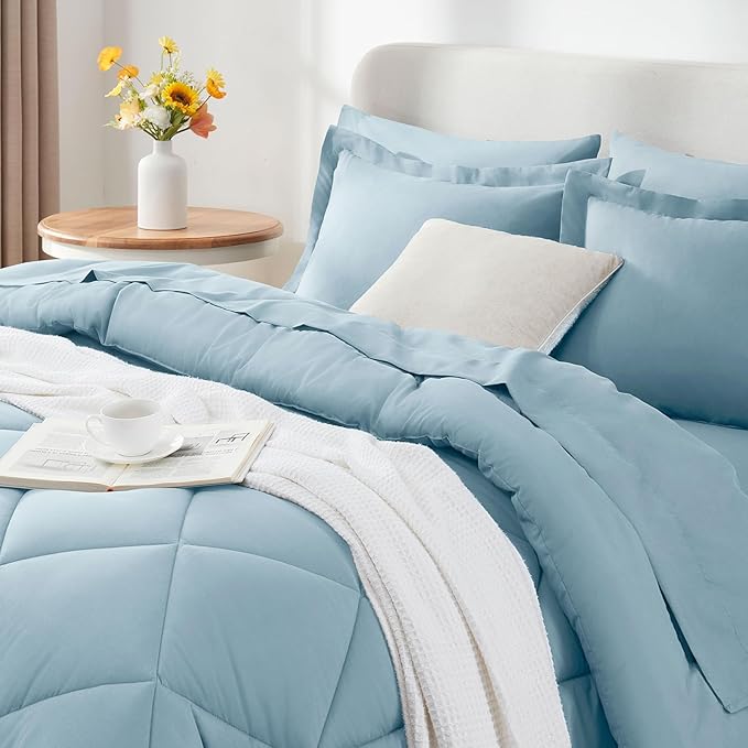 CozyLux Full Size Comforter Sets Light Blue - 7 Pieces Bed in a Bag Full, Luxury Soft Bed Set for All Seasons, Bedding Set with Down Alternative Comforter, Sheets, Pillowcases & Shams