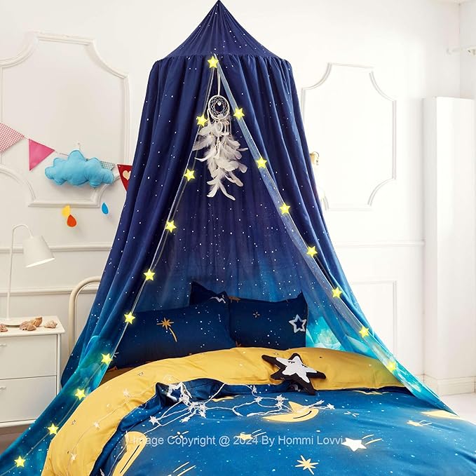 Ocean Print Kids Bed Canopy, Girls Princess Canopy Dreamy Room Decor, Soft Hanging Reading Nook Play Tent Canopy, Extra Large Full Size Bed Canopy with String Light