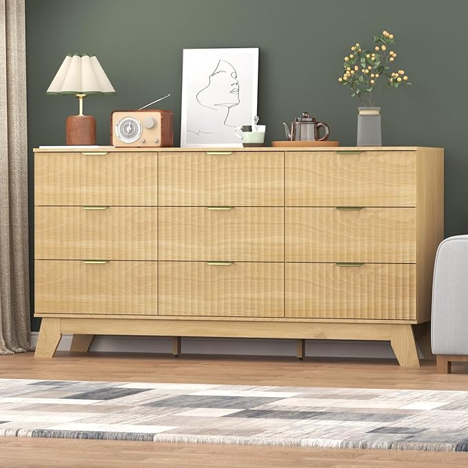 Fluted Dresser for Bedroom,9 Drawer Dresser for Closet,57" Wide Storage Cabinet and Chest of Drawers with Gold Handle,TV Stand,Storage Organizer for Living Room,Hallway,Entryway,Natural Oak