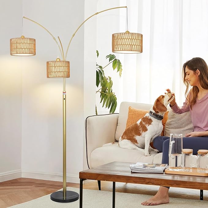Modern Gold Floor Lamp for Bedroom, Arc Standing Lamp for Living Room, Dimmable Boho Rattan Tall Lamp, Farmhouse Floor Lamps for Office Decor, Height Adjustable Arched Lamp, Over Couch Reading Lamp