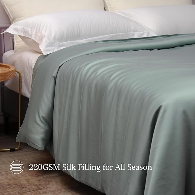 CUDDLE DREAMS Silk Filled Comforter for All Season, Detachable Tencel Duvet Cover for Easy Care, Naturally Breathable (Celadon, Queen)