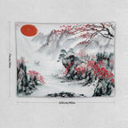 Cherry Blossoms Tapestry, Japanese Red Landscape Asian Watercolor Abstract Art, Bedroom Living Room Decor 40"x30"