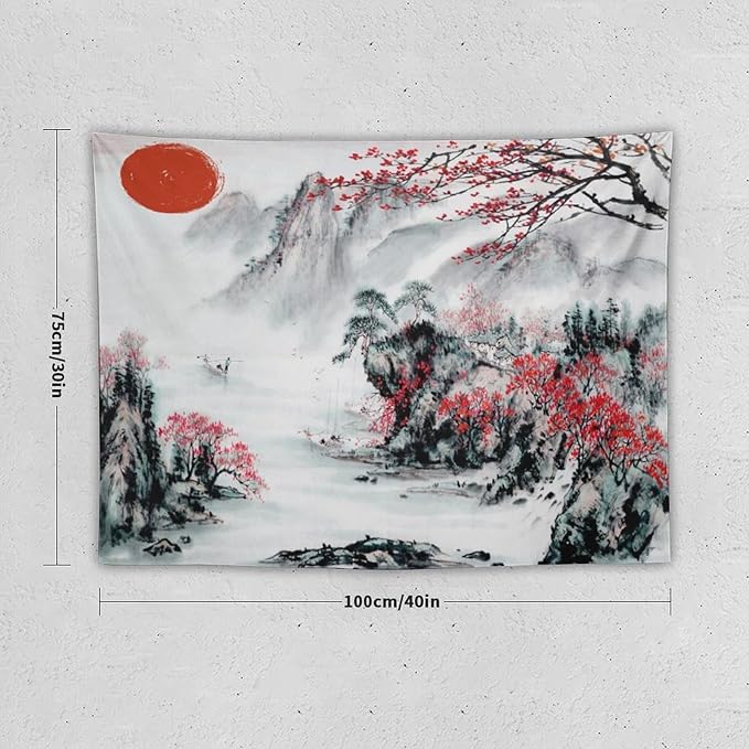 Cherry Blossoms Tapestry, Japanese Red Landscape Asian Watercolor Abstract Art, Bedroom Living Room Decor 40"x30"