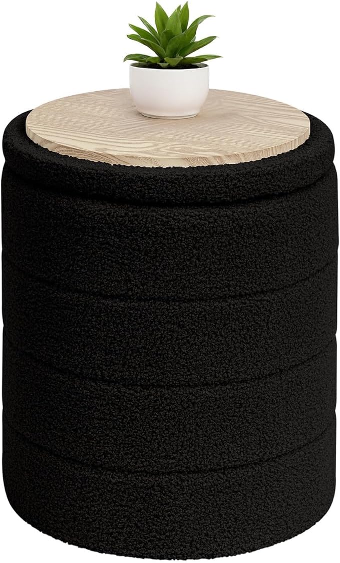 B FSOBEIIALEO Ottoman with Stroage, Round Sherpa Storage Ottoman Stool, Boucle Foot Rest 14.6"x14.6"x17.7"（Black