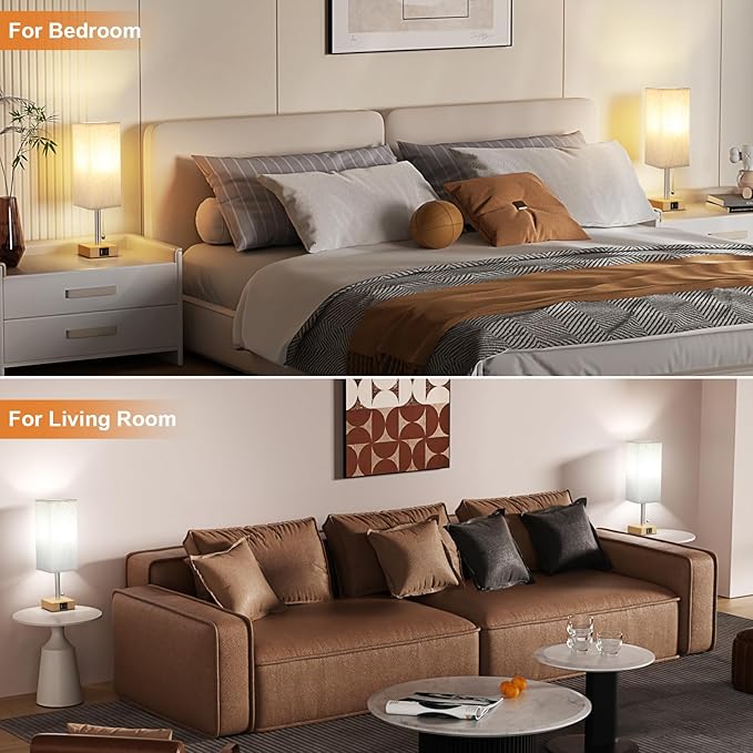 Wood Grain Bedside Table Lamps Set of 2 - Bedroom Lamps with 3 Color Temperatures (3000K/5000K/4000K), Square Nightstand Lamp with USB C + A Charging Ports