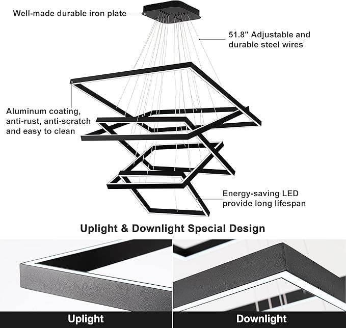Modern Square Chandelier, LED Ceiling Light Fixture, Contemporary Chandelier Pendant Light for Living Room Entryway Foyer Staircase Bedroom