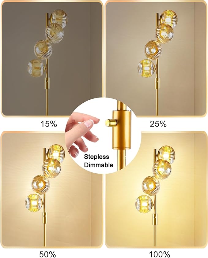 Lightdot 64IN Dimmable Floor Lamp with Glass Globe Shade, Modern Gold Standing Lamps with 4PCS 3000K G9 Bulbs Soft Warm White Eye Care, Mid Century Floor Lamp for Living Room Bedroom